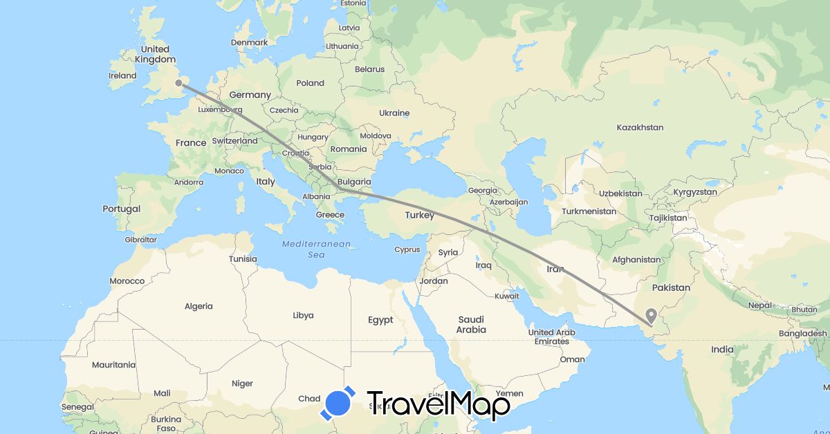 TravelMap itinerary: driving, plane in Bulgaria, United Kingdom, India (Asia, Europe)